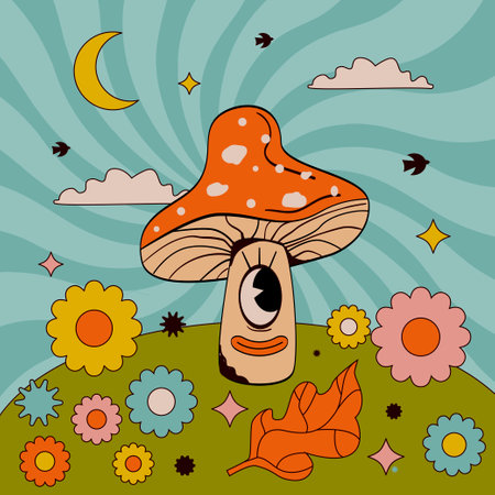 Trippy retro illustration with mushroom with eye and lips, daisy, moon and clouds. Psychedelic print 1970s, 1960s style.のイラスト素材