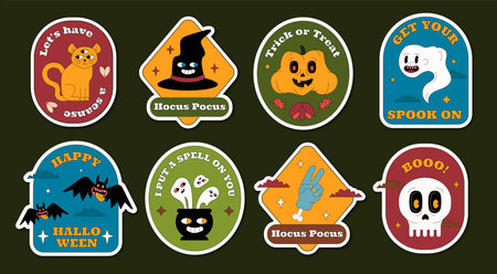 A set of geometric Halloween stickers with funny and scary characters and quotes. Trendy outlined style.のイラスト素材