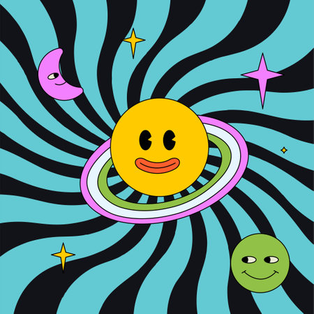 Funky groovy illustration with smiling planets, stars and moon. Trendy outline patch.のイラスト素材