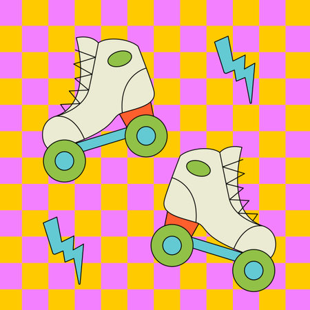 Bright groovy illustration with roller skates and lights. Vector trendy outline patch.のイラスト素材