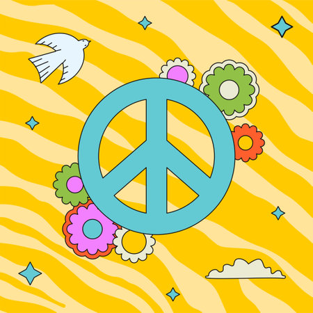 Colorful groovy illustration with pacificus sign and flowers. Hippie outlined sticker.のイラスト素材