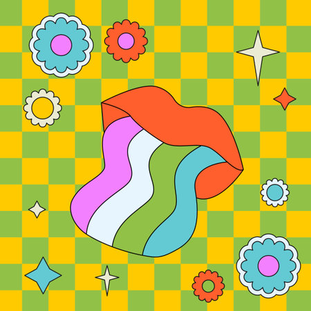 Bright groovy illustration with lips and daisies. Vector trendy outlined sticker.のイラスト素材