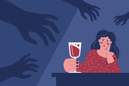Depressed frustrated drunk woman with a glass of wine. The hands reaching out to her from the darkness are symbols of trauma, addiction, psychological disorder.のイラスト素材