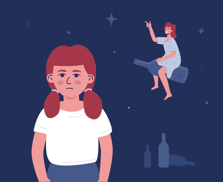 Sad daughter and alcoholic mother in delirium. The metaphor of abandonment of children in dysfunctional families, the trauma of abuse.のイラスト素材