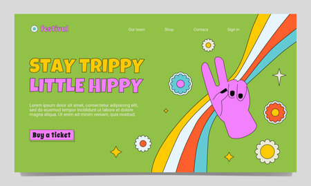 A bright landing page template in the groove style. An outlined illustration with a hand in a victory gesture, a wavy rainbow, flowers.のイラスト素材