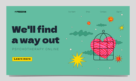 The template of the landing page for psychotherapy, coaching. Surreal futuristic illustration with a heart in a cage surrounded by stars, clouds.のイラスト素材