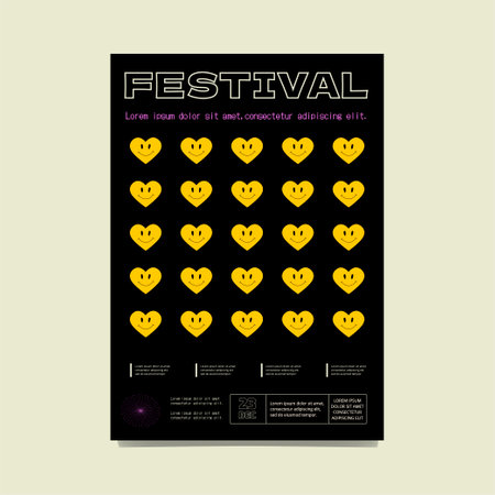 Abstract poster for a music festival with a pattern of smiling hearts. Minimalist rave artwork.のイラスト素材