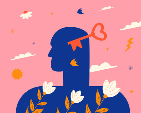 The human profile, the key and the flowers. A metaphor for the process of self-knowledge through psychotherapy, the development of peace of mind, spiritual growth.のイラスト素材