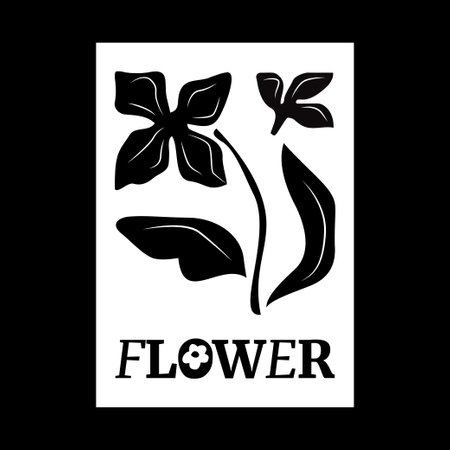 Monochrome minimalistic floral illustration with sinuous stems, leaves and buds. A black and white poster with the inscription Flower.のイラスト素材