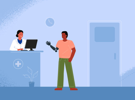 Disabled a patient with a prosthesis communicates with the clinic administrator to make an appointment with a doctorのイラスト素材