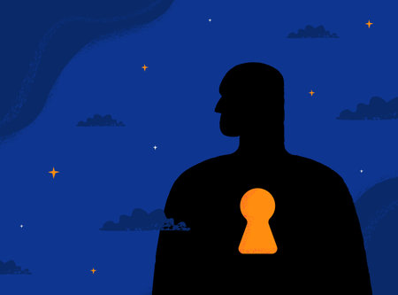 A human silhouette with a keyhole inside, a symbol of loneliness, psychological trauma, spiritual search. Textured vector illustration.のイラスト素材