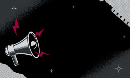 Black and white background illustration with a loudspeaker, with torn pieces of paper. A template for a banner, announcement, or advertisement.のイラスト素材