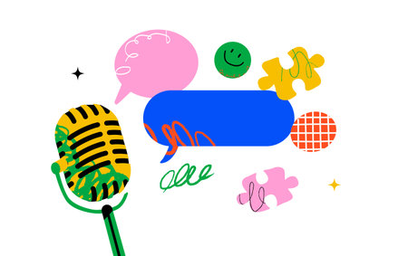 A whimsical and vivid illustration with a microphone, speech bubbles, a smiley face and puzzle pieces. The concept of announcement, positive review, and expression of thoughts.のイラスト素材