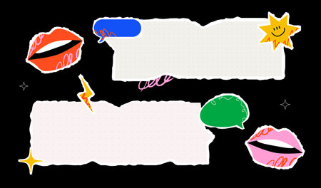 Two torn paper banners in light colors surrounded by playful graphic elements such as lips, speech bubbles, stars and lightning on a black background. A dynamic template for different messages.のイラスト素材