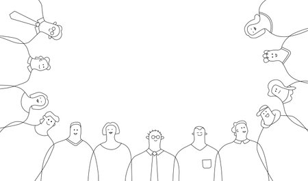 A minimalistic crowd of various human figures in the shape of a semicircle. Linear abstract characters with an empty space in the middle.のイラスト素材