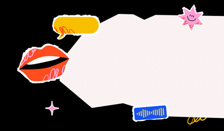 A collage of a torn piece of paper, a speech bubble, lips, a star and a sound symbol and doodles. Bright design and template for various announcements and information.のイラスト素材