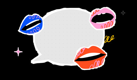 A vivid illustration with a giant speech bubble in the middle and colorful lips around. A symbol of communication, expression and transmission of information.のイラスト素材