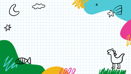 Kid's hand-drawn drawings on a colored background, template design with a variety of naive sketches, chalk and crayon figures. Composition for kindergarten and preschool.のイラスト素材