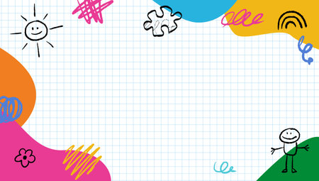 Children's hand-drawn drawings on a colored background, template design with diverse naive sketches, crayons and chalks doodles. Kindergarten and preschool backdrop.のイラスト素材