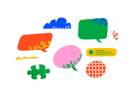 A stylized illustration of speech bubbles, a cloud, and puzzle pieces. It symbolizes brainstorming,...