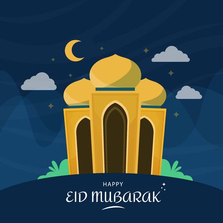 Happy eid mubarak islamic festival square card celebration with beautiful mosque and blue background. Vector illustration.のイラスト素材