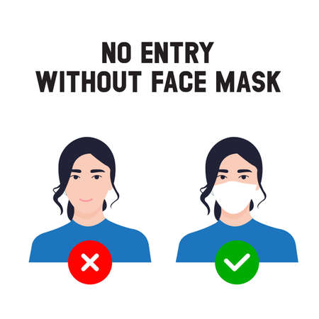 No entry without face mask. Business woman vector illustration of forbidden entry if not wearing a face mask and keep distancing in covid 19 pandemic.のイラスト素材