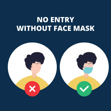 No entry without face mask. Vector illustration of forbidden entry if not wearing a face mask and keep distancing in covid 19 pandemic.のイラスト素材
