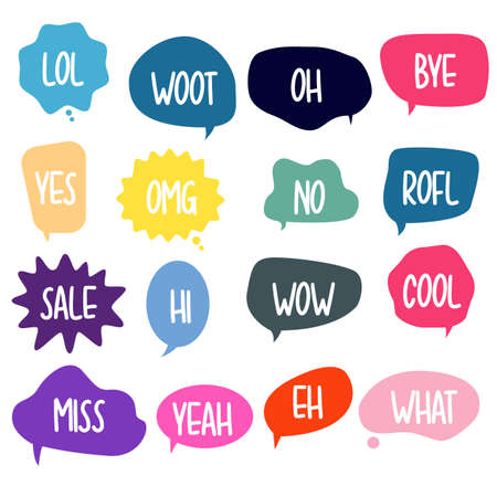 Bubble chat with phrases. Colorful speech bubbles with dialog words. Chat cloud online used for sticker, flyer, poster information. Vector illustrationのイラスト素材