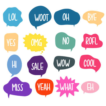 Bubble chat with phrases. Colorful speech bubbles with dialog words. Chat cloud online used for sticker, flyer, poster information. Vector illustrationのイラスト素材