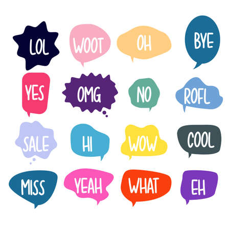 Bubble chat with phrases. Colorful speech bubbles with dialog words. Chat cloud online used for sticker, flyer, poster information. Vector illustrationのイラスト素材