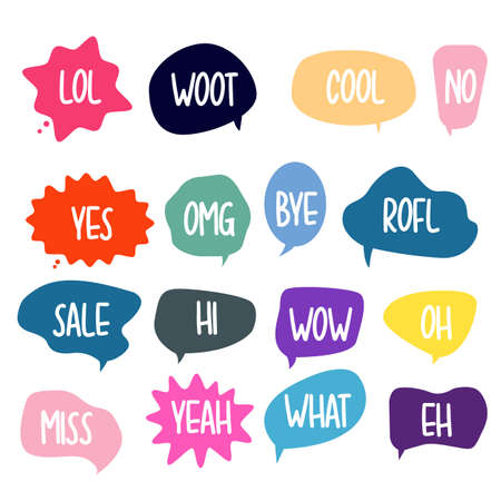 Bubble chat with phrases. Colorful speech bubbles with dialog words. Chat cloud online used for sticker, flyer, poster information. Vector illustrationのイラスト素材