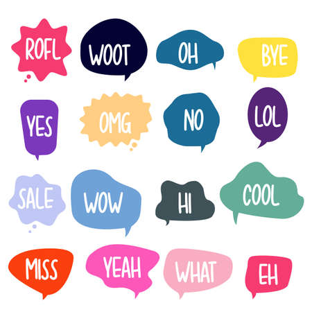 Bubble chat with phrases. Colorful speech bubbles with dialog words. Chat cloud online used for sticker, flyer, poster information. Vector illustrationのイラスト素材