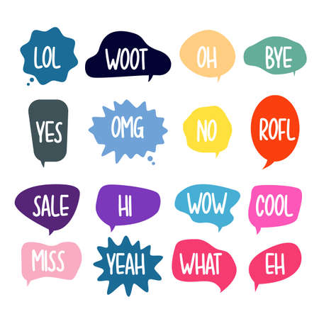 Bubble chat with phrases. Colorful speech bubbles with dialog words. Chat cloud online used for sticker, flyer, poster information. Vector illustrationのイラスト素材