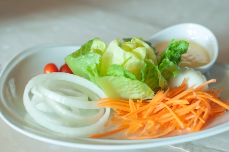 closed up salad with onion, lettuce, carrot and sauceの写真素材