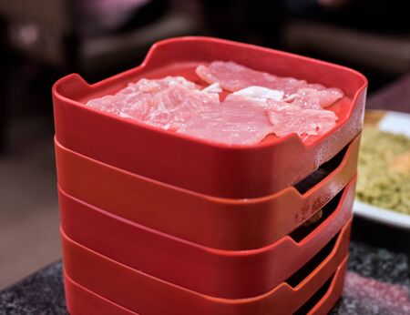 closed up the sliced pork for shabuの写真素材