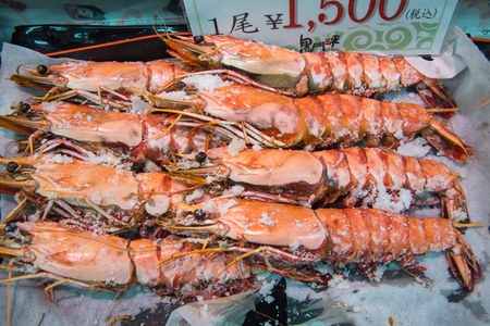 closed up of grilled shrimp with salt in fish market, Japanの写真素材