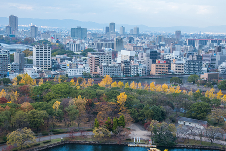 Osaka,Japan-December 3, 2015 : view of buildings before sun set in Osaka, Japanの写真素材