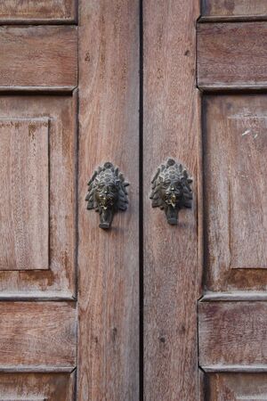 closed up the wood door in Nepalの写真素材