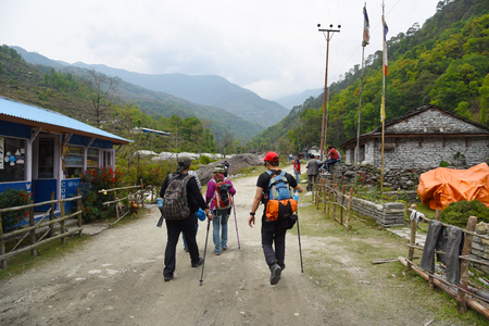 Poonhill, Neapl- Aprli 2015 : the travellers are trekking to Poonhillのeditorial素材
