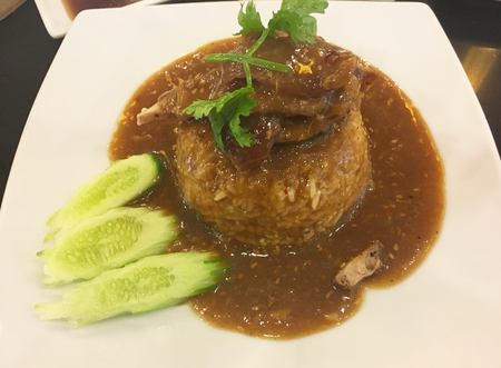 closed up the barbecued red pork in sauce with riceの写真素材