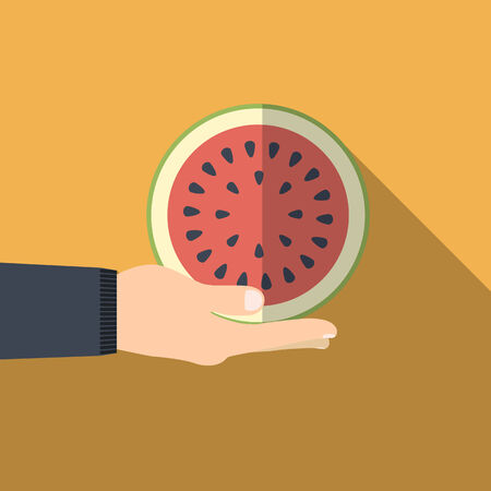 illustration of red watermelon in hand flatのイラスト素材
