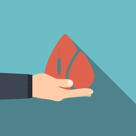 Donate blood, save a life. Red blood drop with cross in flat designのイラスト素材