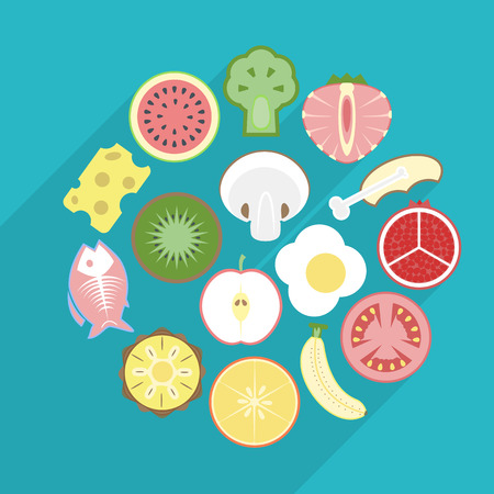 illustration of healthy food in flat design wiyh shadowのイラスト素材