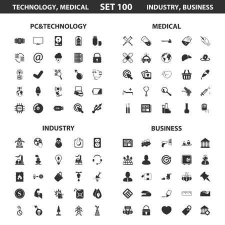 Pc, technology set 100 black simple icons. Medical, industry, business icon design for web and mobile device.のイラスト素材