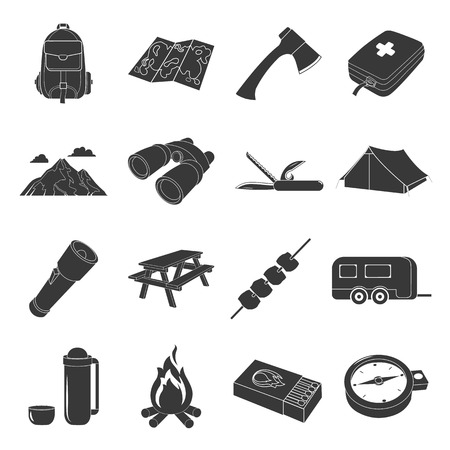 Camping set vector icons. Collection of tourist, camp, travel icons for web design.のイラスト素材