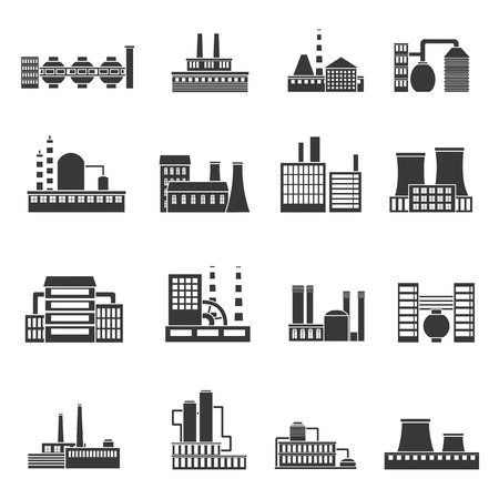 Factory power electricity industry manufactory buildings set of vector icons in black simpleのイラスト素材