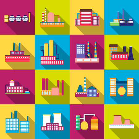 Factory power electricity industry manufactory buildings set of vector icons in flat designのイラスト素材
