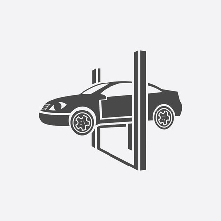 Repairing a car lifted on auto hoist icon black. Single car repair symbol.のイラスト素材