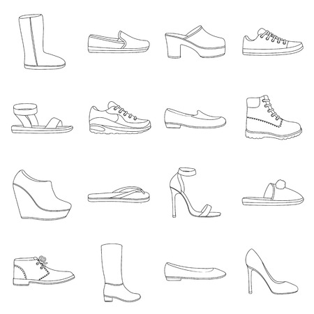 Shoes set icons in outline style. Big collection of shoes vector symbol stockのイラスト素材