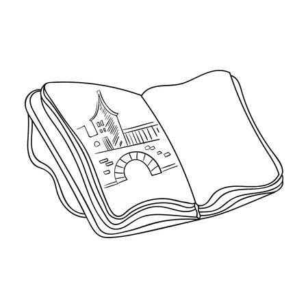 Sketchbook with drawings icon in outline style isolated on white background. Artist and drawing symbol vector illustration.のイラスト素材
